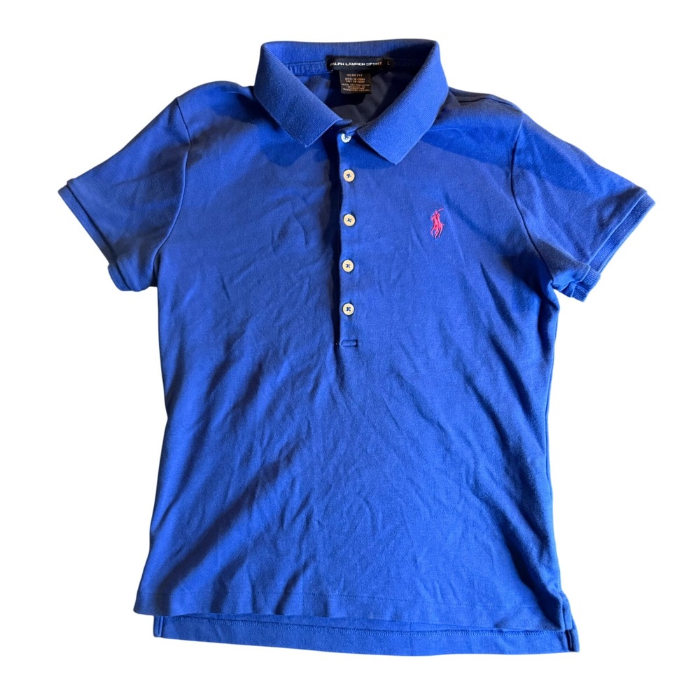 Ralph Lauren Sport Slim Fit Polo Shirt Womens L Blue Pink Pony Short Sleeve